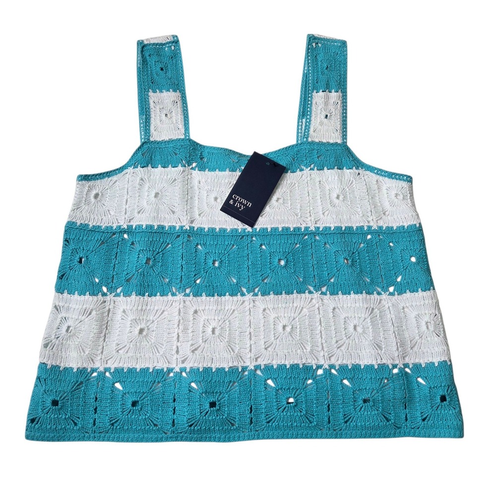 NEW Crown & Ivy Womens Turquoise Crochet Granny Square Tank Top Size L Beach